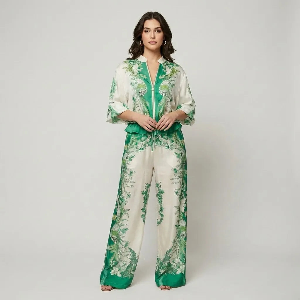 Conjunto estampado fluido en mezcla ligera | Blusa suelta y pantalones anchos | Elegancia sofisticada