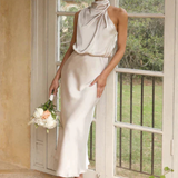 Amelina | Vestido Midi de Cuello Halter para Mujer en Satén para Invitadas de Boda