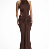 Teodora | Vestido largo de invitada de boda sin espalda con cuello halter y fruncido