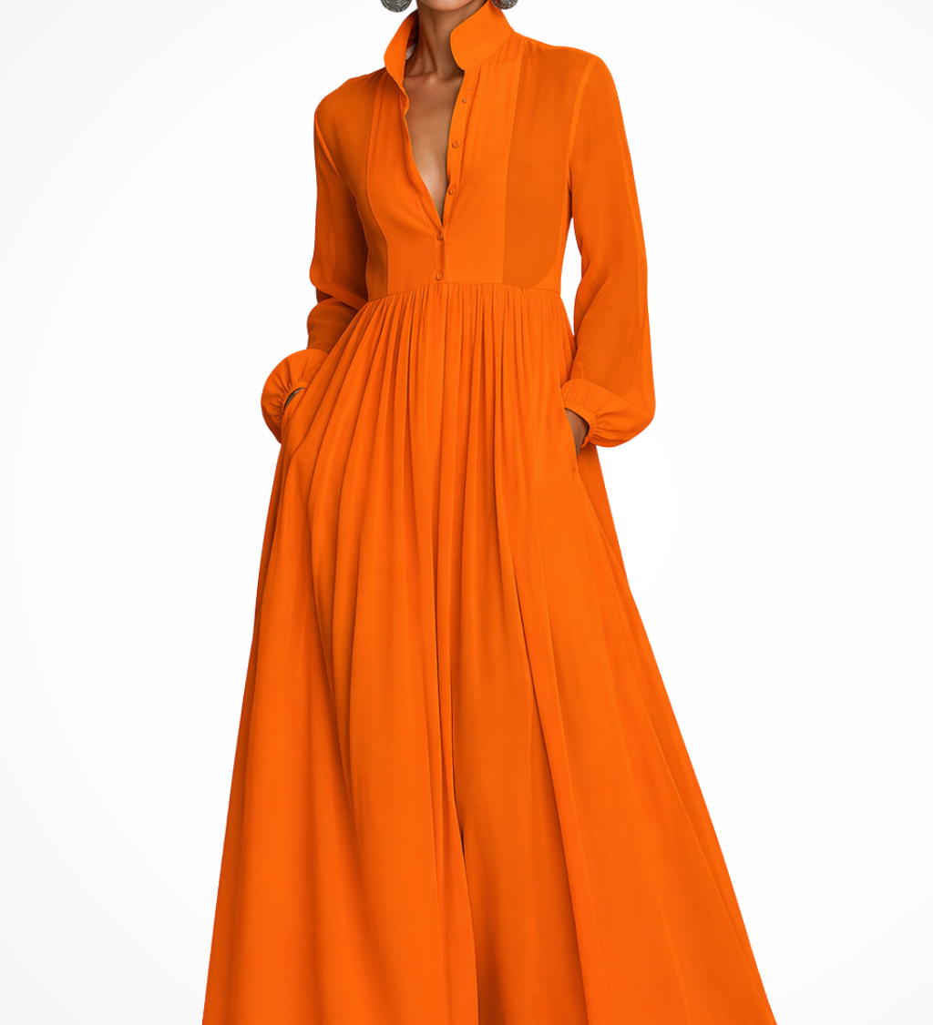 Winifred | Vestido maxi de fiesta de jardín para mujer con mangas largas y botones en la parte delantera, con bolsillos