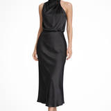 Amelina | Vestido midi de mujer estilo halter, vestido de satén para invitados a bodas