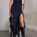 Reva | Vestido midi asimétrico de volantes con un solo hombro para mujer