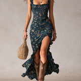 Maya™ | Vestido maxi boho retro con mangas con volantes y abertura alta