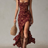Maya™ | Vestido maxi boho retro con mangas con volantes y abertura alta