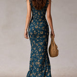 Maya™ | Vestido maxi boho retro con mangas con volantes y abertura alta