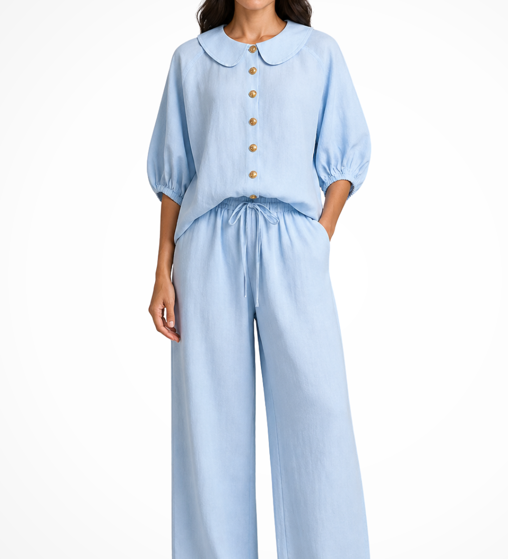 Cordelia | Conjunto de Lino para Mujeres con Blusa de Cuello Peter Pan y Pantalones de Pierna Ancha