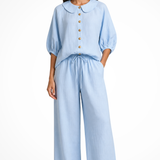 Cordelia | Conjunto de Lino para Mujeres con Blusa de Cuello Peter Pan y Pantalones de Pierna Ancha