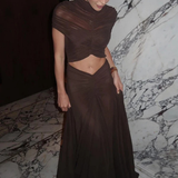 Marienna | Vestido maxi de invitada de boda con cuello alto y mangas cortas fruncidas para mujer