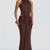 Teodora | Vestido largo de invitada de boda sin espalda con cuello halter y fruncido