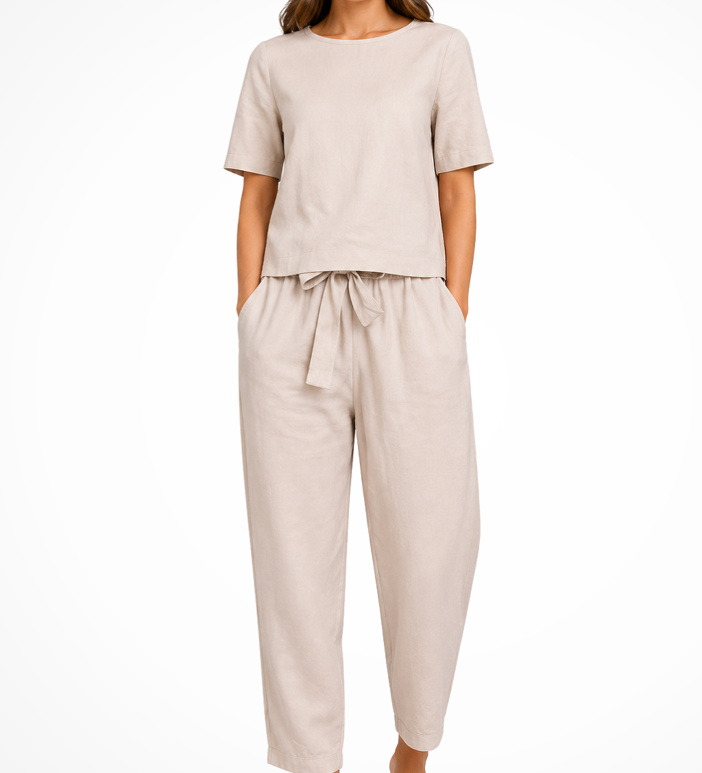 Romilly | Conjunto de Top Corto de Manga Corta y Pantalones Tapered de Lino para Mujeres