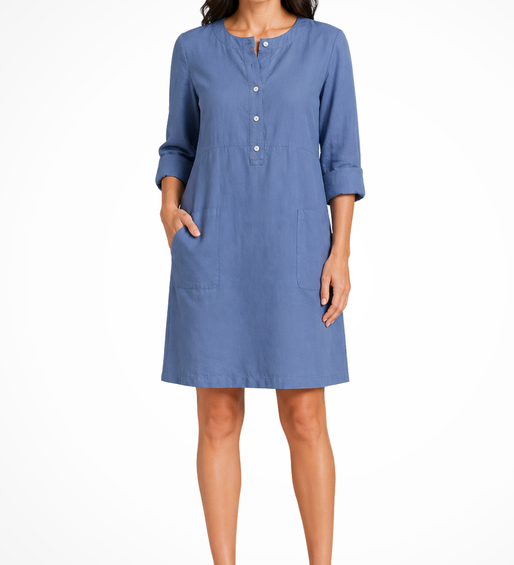 Claudette | Vestido de camisa de lino para mujer con mangas largas y bolsillos frontales