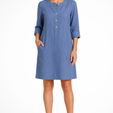 Claudette | Vestido de camisa de lino para mujer con mangas largas y bolsillos frontales