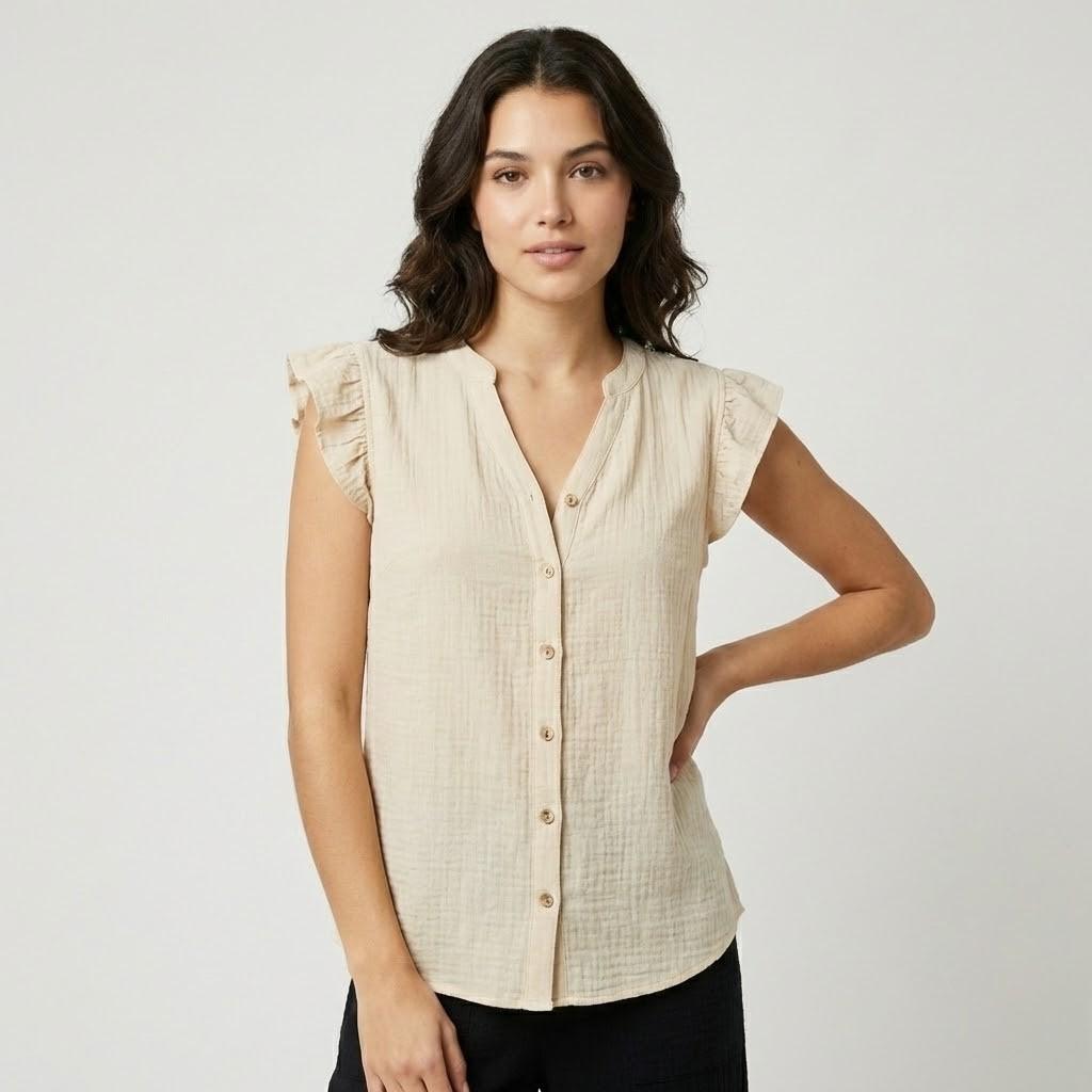 Blusa fluida en mezcla de algodón | Corte relajado | Escote en V con botones