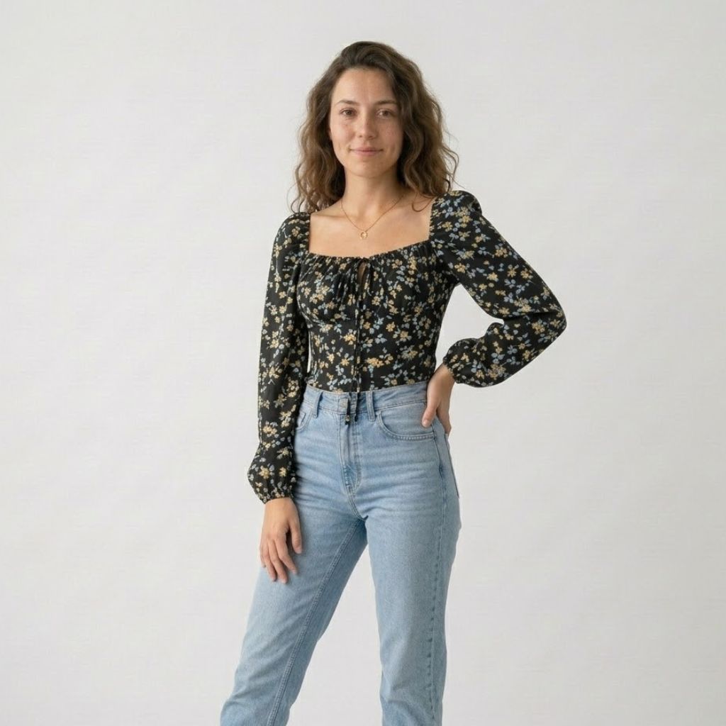 Blusa Ajustada con Escote Fruncido y Mangas Voluminosas Románticas