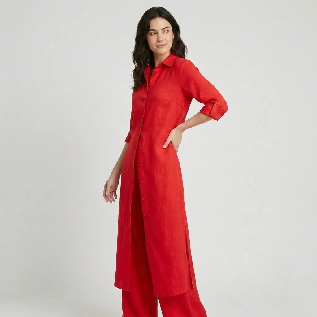 Conjunto fluido en mezcla natural | Camisa larga y pantalones anchos | Elegancia ligera y atemporal