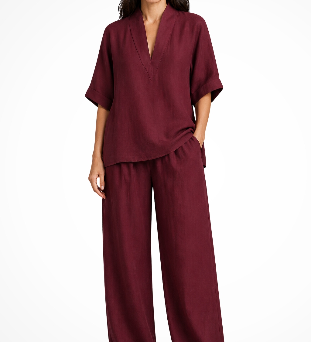 Rosalind | Conjunto de 2 piezas de lino para mujer con top de cuello en V y pantalones de pierna ancha
