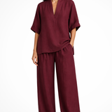 Rosalind | Conjunto de 2 piezas de lino para mujer con top de cuello en V y pantalones de pierna ancha