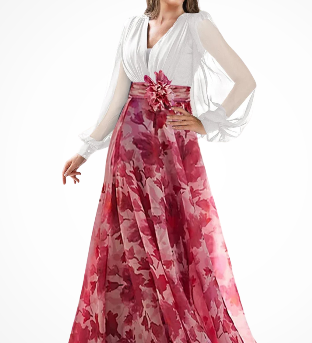Valentina | Vestido maxi de invitada de boda con escote en V y mangas de globo con estampado floral
