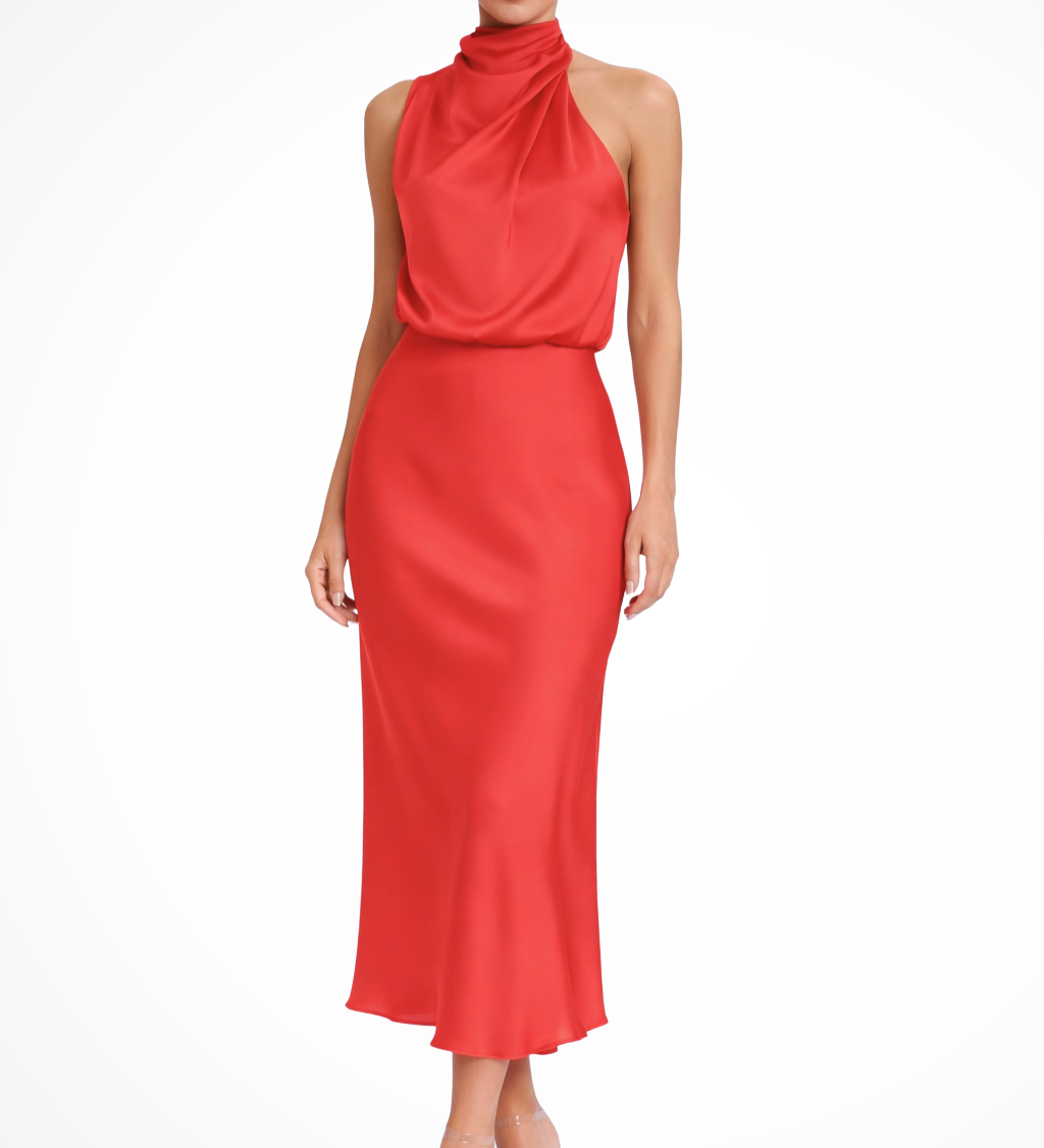 Amelina | Vestido Midi de Cuello Halter para Mujer en Satén para Invitadas de Boda