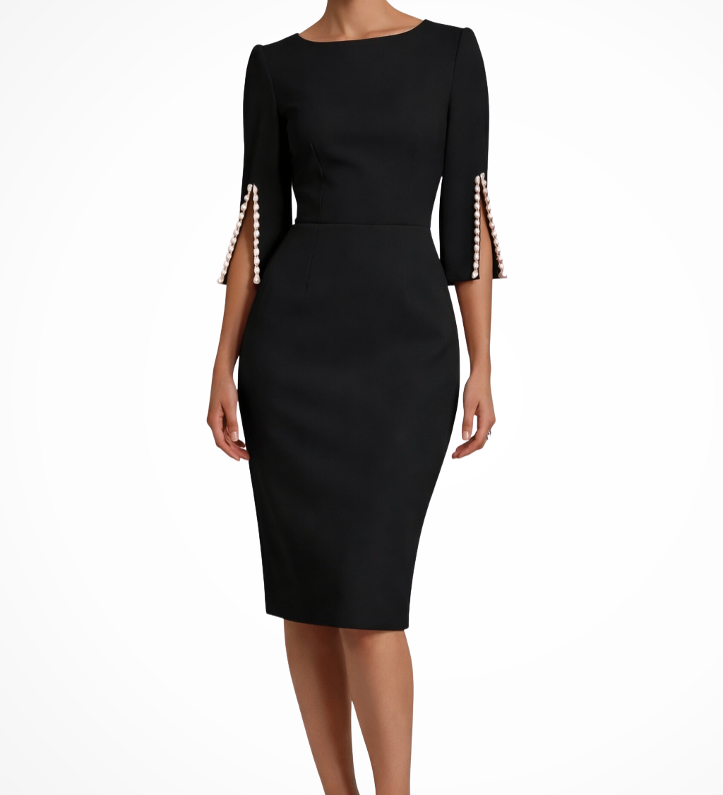 Mariah | Vestido midi de cuello redondo para mujer con mangas abiertas y detalles de perlas para bodas
