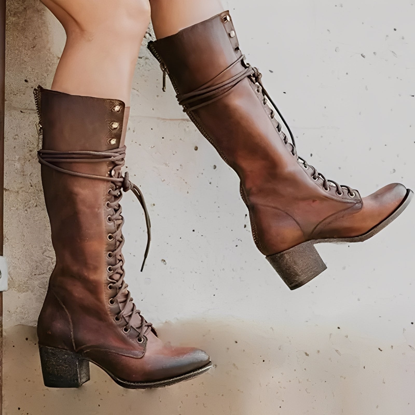 Ludivine - Botas altas com cadarços e salto quadrado para mulheres
