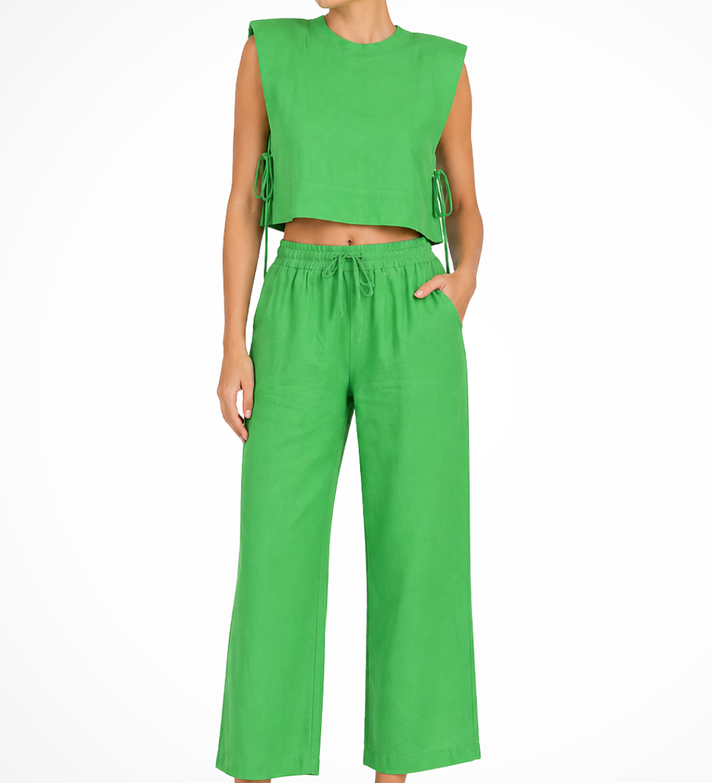 Calista | Conjunto de Top Corto Sin Mangas con Lazo Lateral y Pantalones de Pierna Ancha de Lino para Mujeres