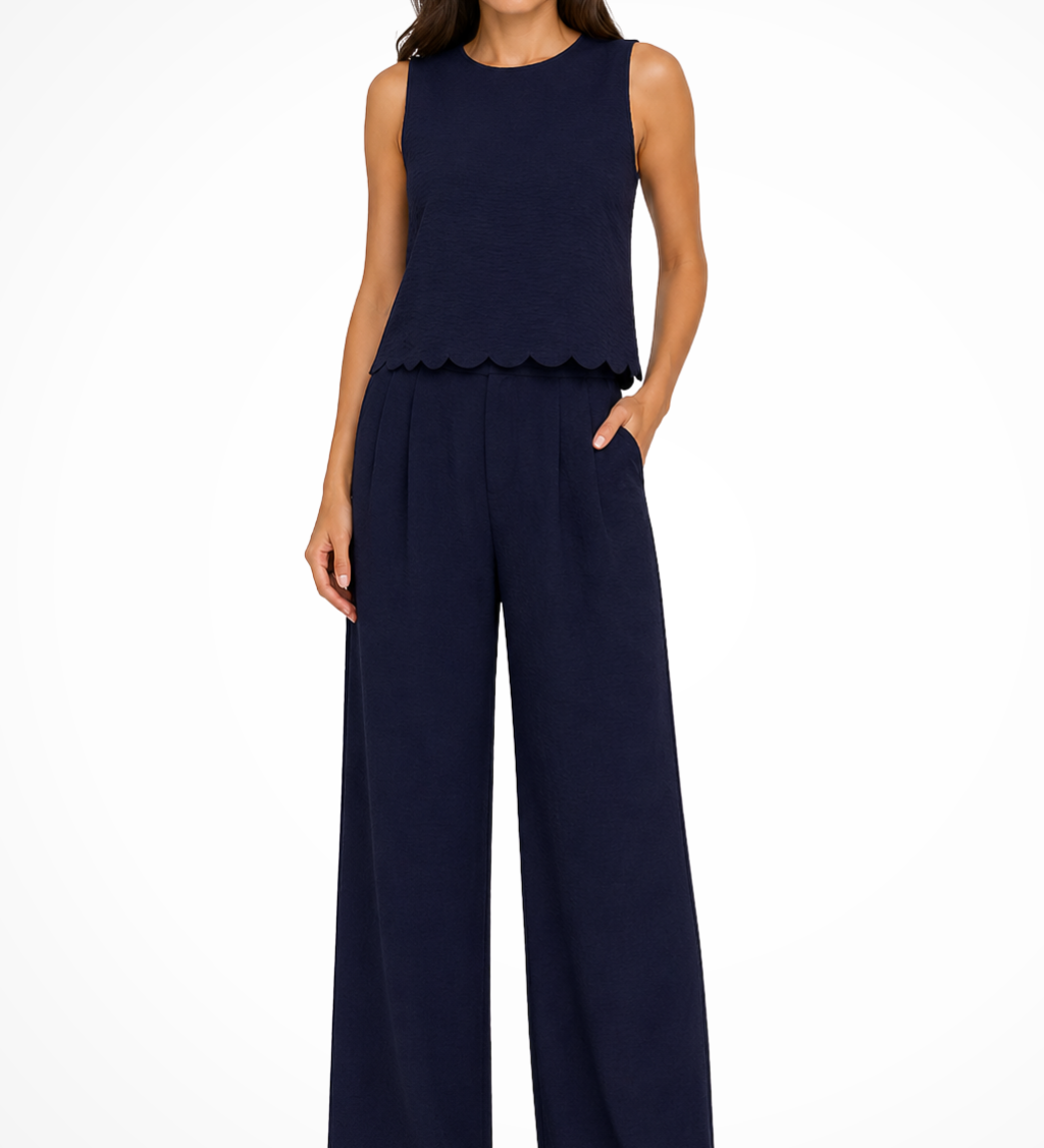 Corinna | Conjunto de Top Sin Mangas con Dobladillo de Concha y Pantalones de Pierna Ancha Texturizados
