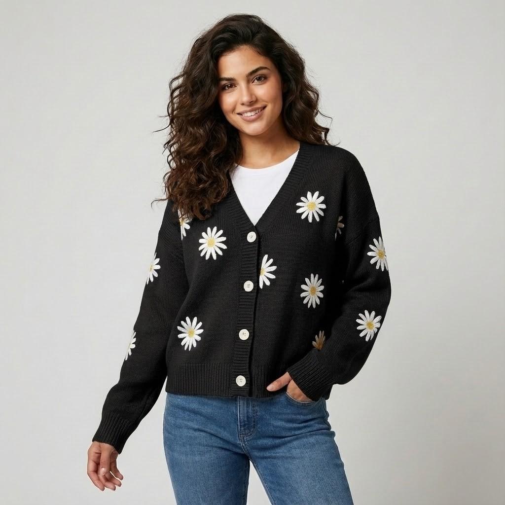Cardigan Femenino de Punto con Botones y Patrón Floral