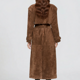 Abrigo Trench Largo de Suede Marrón para Mujer con Frente Doble Botonadura y Cinturón
