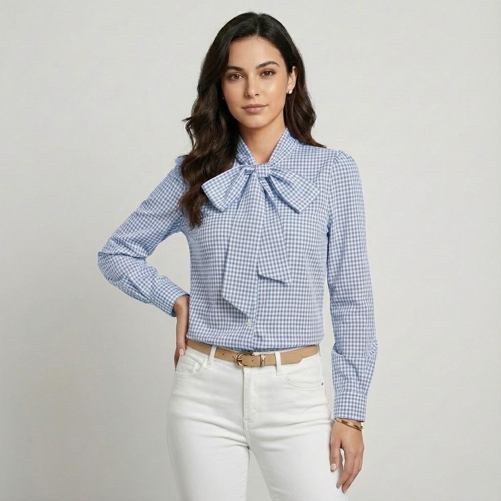 Blusa elegante en mezcla de algodón | Corte recto | Lazo decorativo en el escote