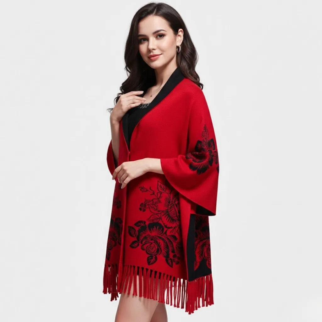 Cárdigan tipo kimono en tejido elegante | Corte amplio | Patrón floral con flecos