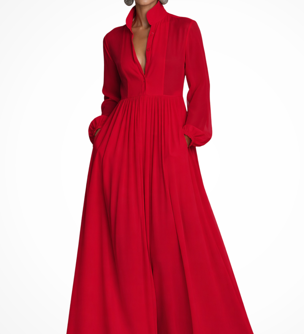 Winifred | Vestido maxi de fiesta de jardín para mujer con mangas largas y botones en la parte delantera, con bolsillos