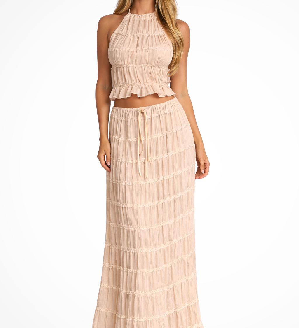 Cora | Conjunto de Top Halter Fruncido y Falda Maxi para Mujeres de 2 Piezas