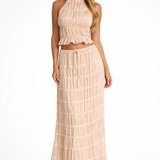 Cora | Conjunto de Top Halter Fruncido y Falda Maxi para Mujeres de 2 Piezas