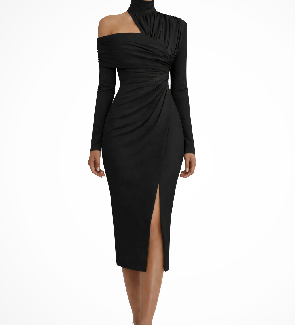 Delphina | Vestido midi de invitada de boda asimétrico de un solo hombro para mujer