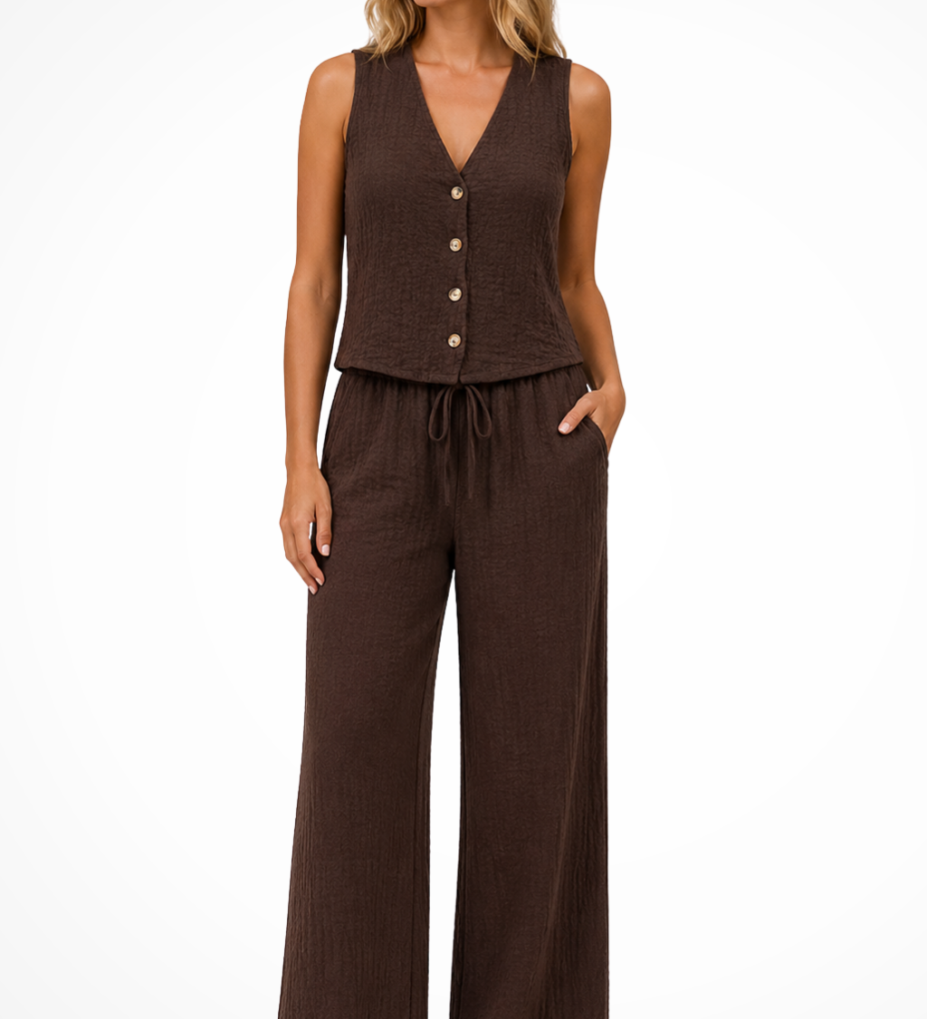 Sidonie | Chaleco de Cuello en V para Mujeres y Pantalones de Pierna Ancha de Lino Conjunto Coordinado