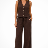 Sidonie | Chaleco de Cuello en V para Mujeres y Pantalones de Pierna Ancha de Lino Conjunto Coordinado