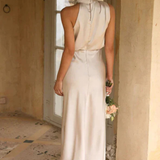 Amelina | Vestido midi de mujer estilo halter, vestido de satén para invitados a bodas