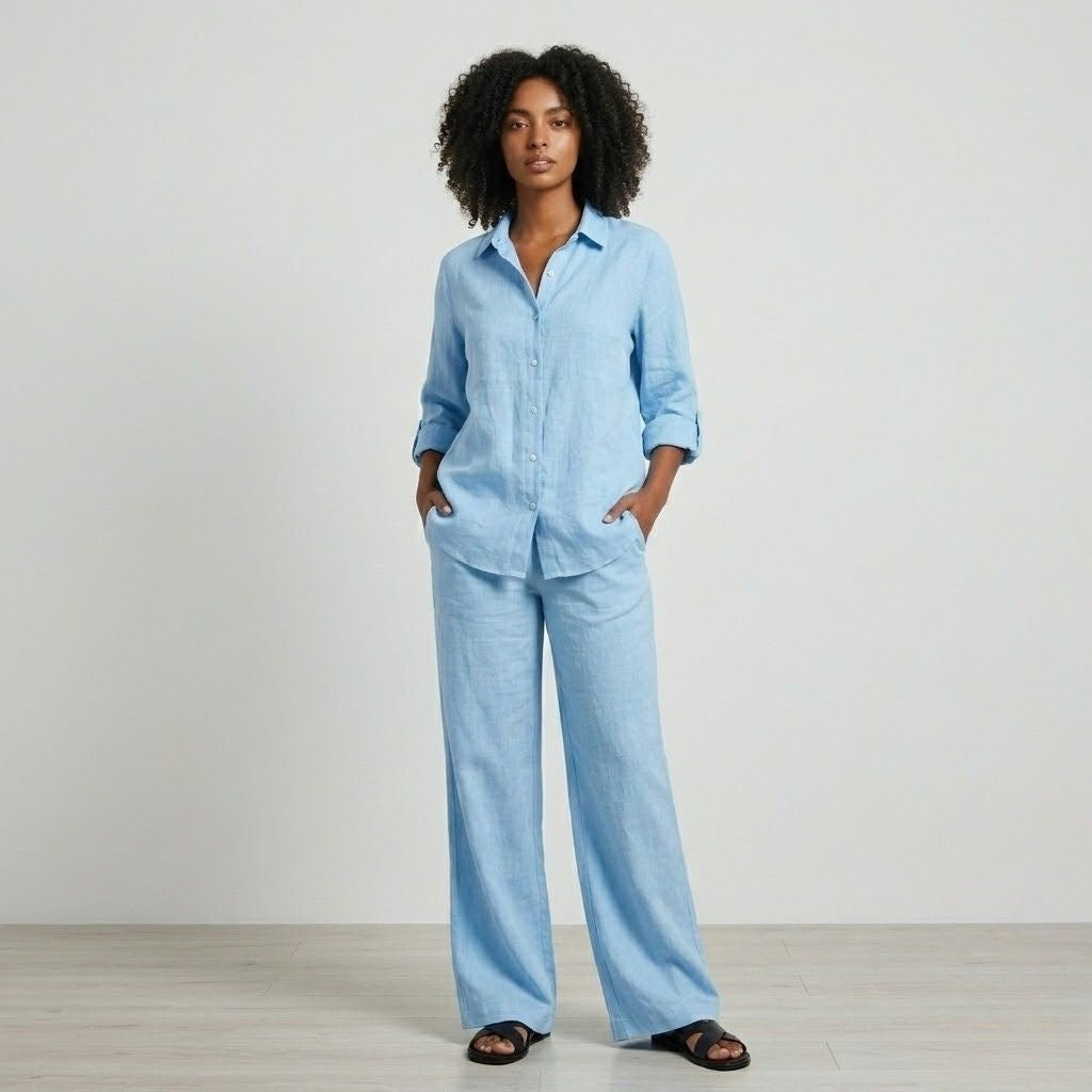 Conjunto Fluido con Camisa de Botones y Pantalones de Pierna Ancha
