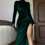 Nyra | Vestido maxi de verano con mangas largas y fruncidos para mujer con abertura lateral