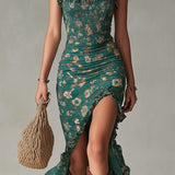 Maya™ | Vestido maxi boho retro con mangas con volantes y abertura alta