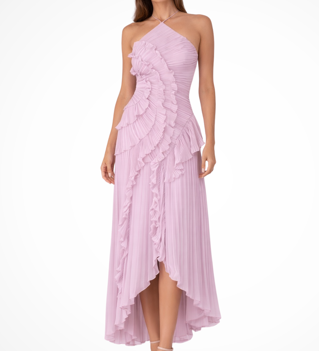 Imogen | Vestido maxi de verano sin mangas con halter y espalda abierta, con volantes para invitadas de boda