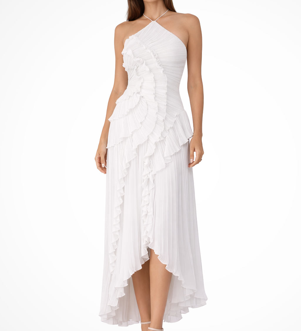 Imogen | Vestido maxi de verano sin mangas con halter y espalda abierta, con volantes para invitadas de boda