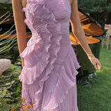 Imogen | Vestido maxi de verano sin mangas con halter y espalda abierta, con volantes para invitadas de boda