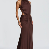 Teodora | Vestido largo de invitada de boda sin espalda con cuello halter y fruncido