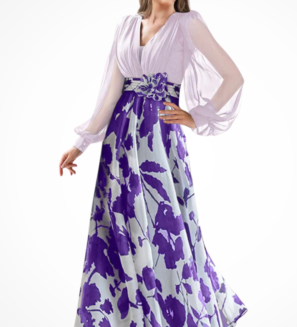 Valentina | Vestido maxi de invitada de boda con estampado floral y mangas de globo en forma de V