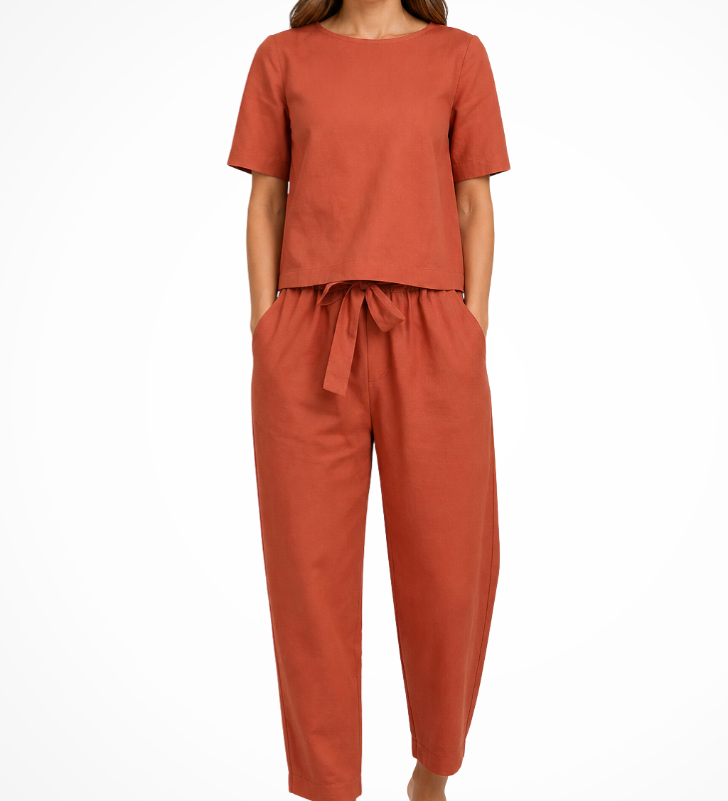 Romilly | Conjunto de Top Corto de Manga Corta y Pantalones Tapered de Lino para Mujeres