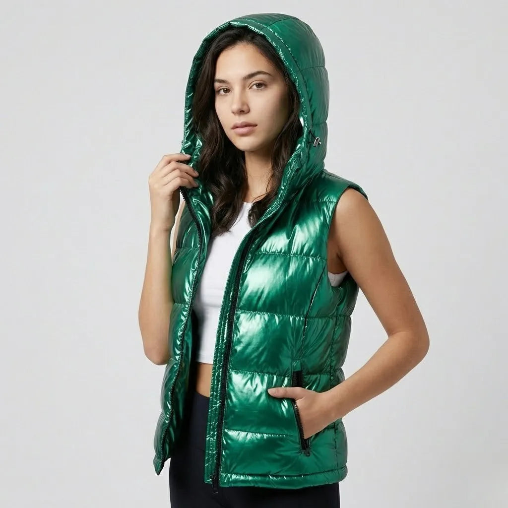 Actitud urbana con acabado brillante | Chaleco acolchado con capucha | Estilo moderno de invierno