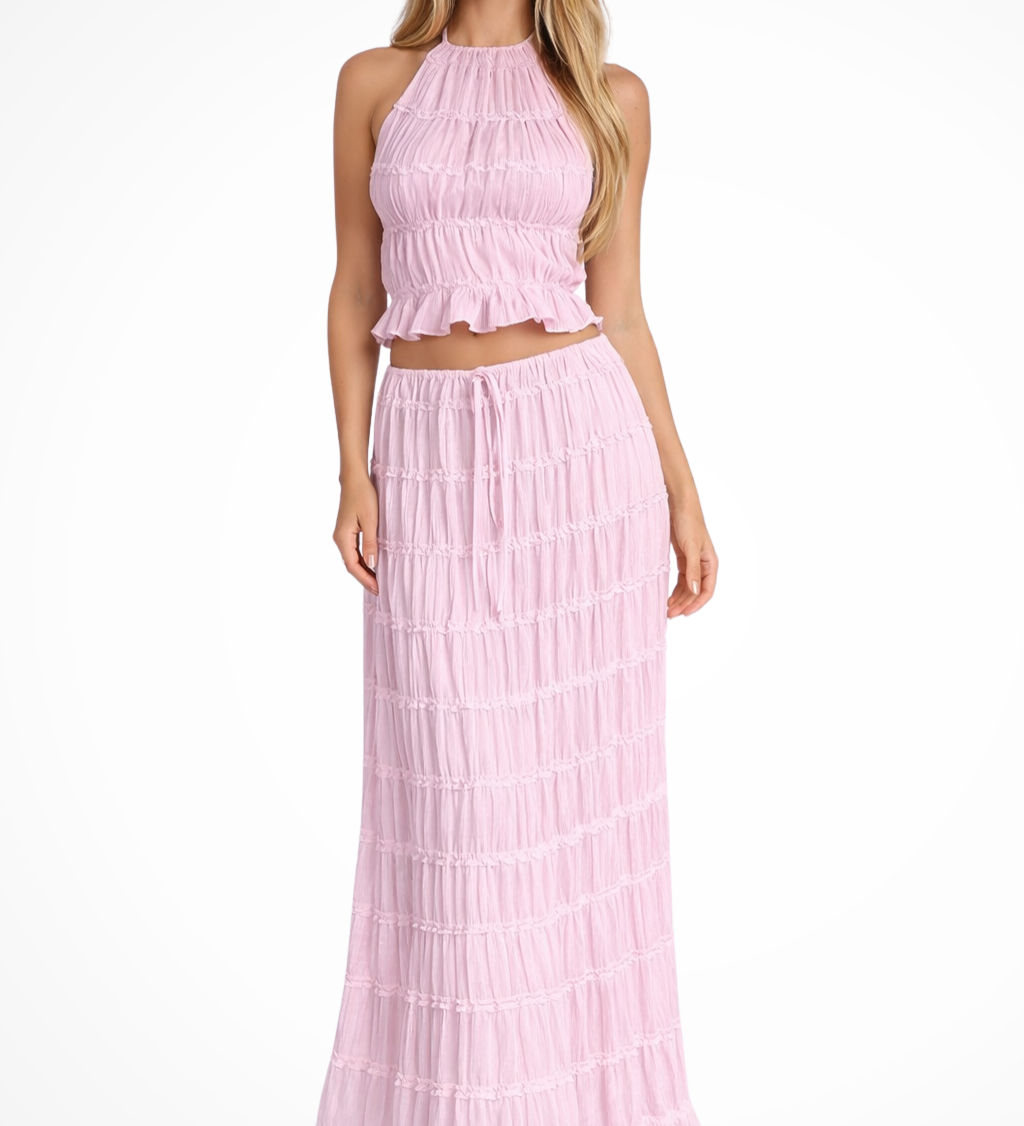 Cora | Conjunto de Top Halter Fruncido y Falda Maxi para Mujeres de 2 Piezas