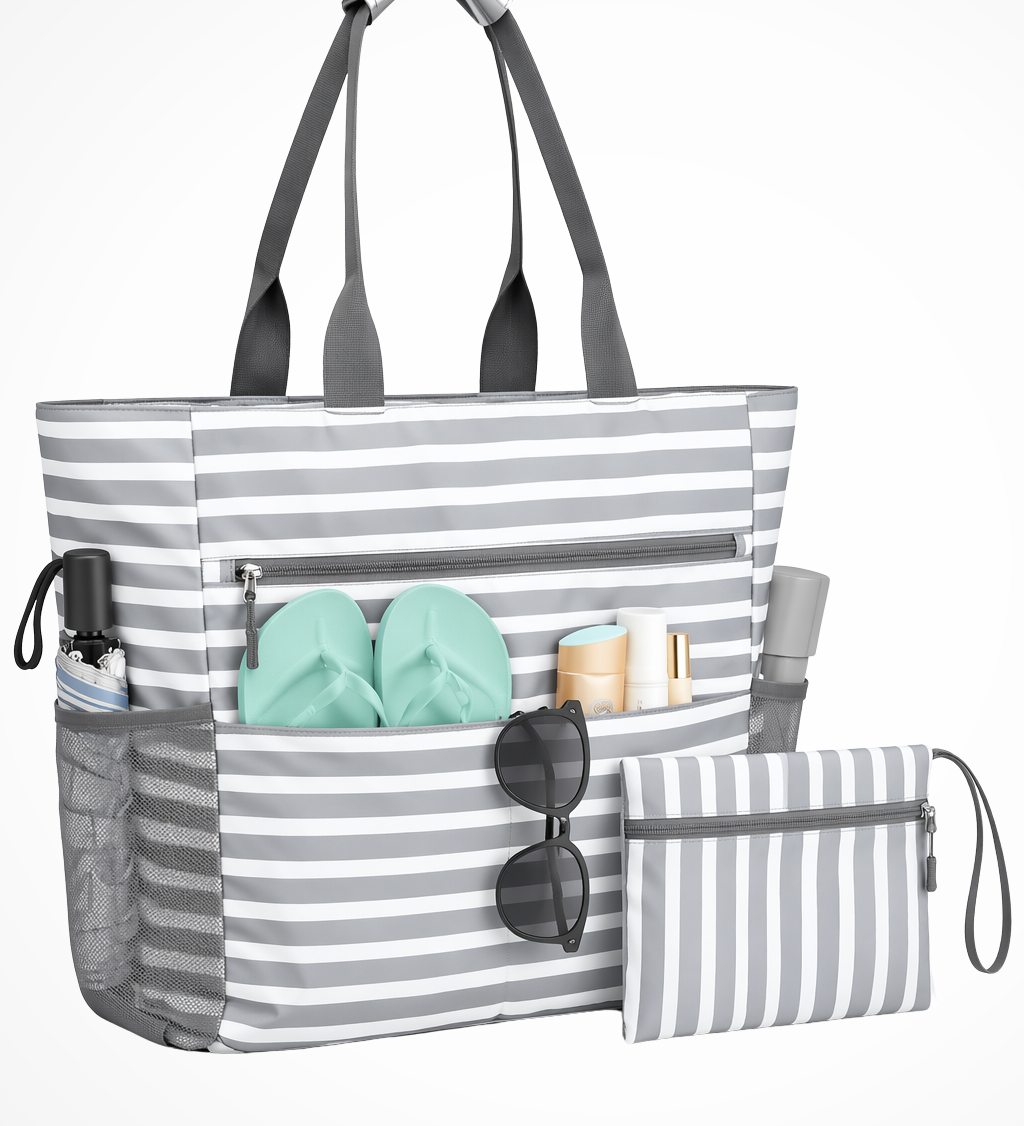 Briony | Bolsa de Playa de Rayas para Mujeres, Tote Grande con Bolsa